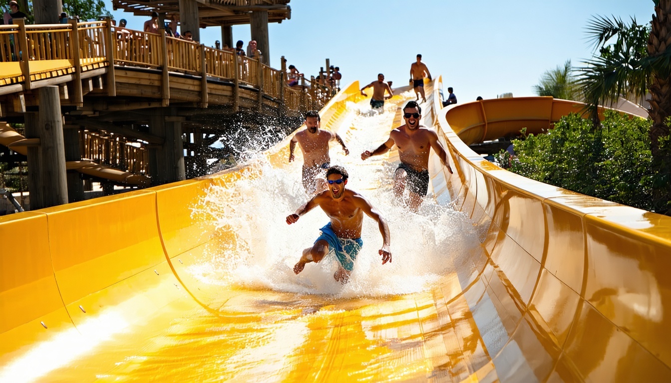 Visitors enjoying a thrilling water slide at Aquaventure World Dubai