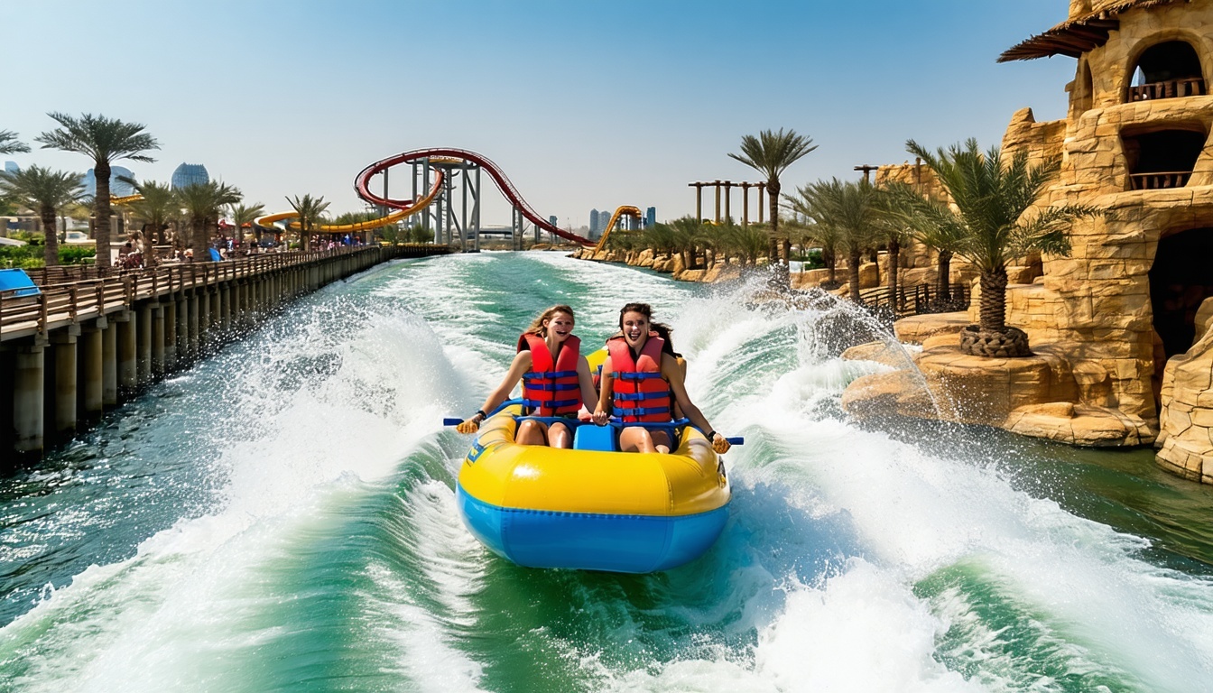 Adventurers exploring the impressive river rides at Aquaventure World Dubai
