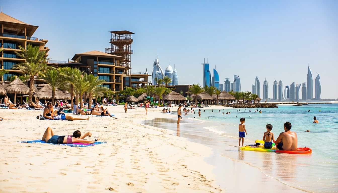 Families relaxing on the private beach at Aquaventure World Dubai